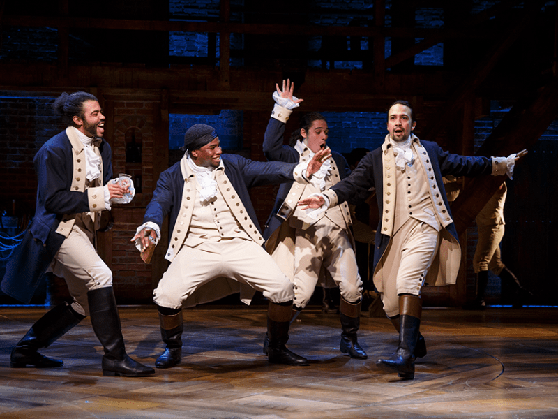 Daveed Diggs (Lafayett), Okieriete Onaodowan (Hercules Mulligan), Anthony Ramos (John Laurens) and Lin-Manuel Miranda (Hamilton). (Hamilton Production Photos by Joan Marcus)