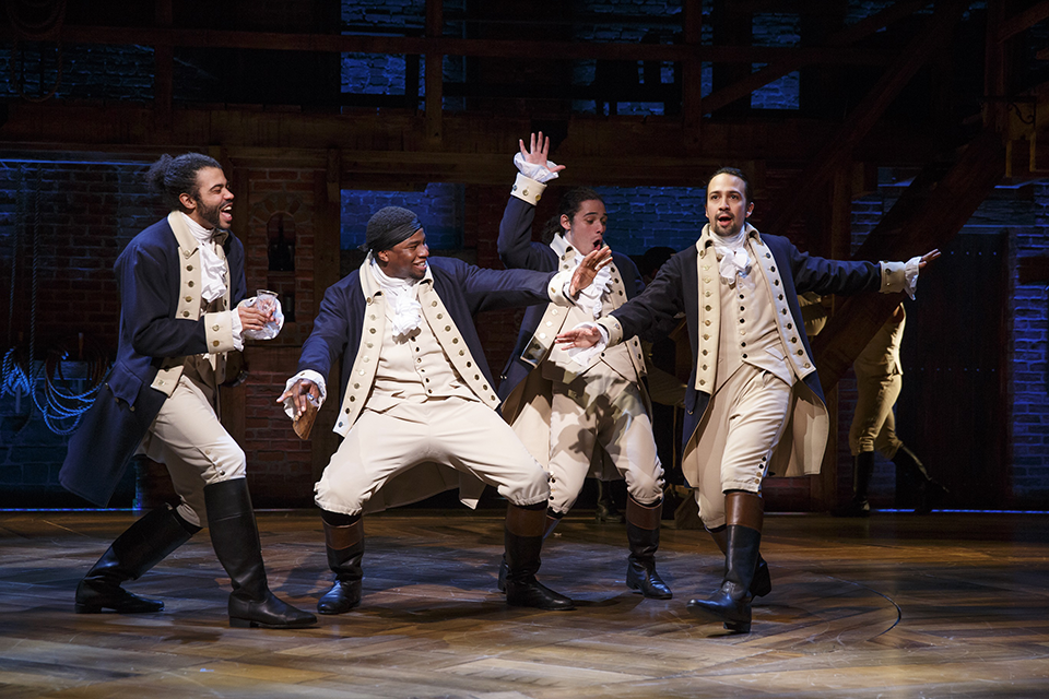 Daveed Diggs (Lafayett), Okieriete Onaodowan (Hercules Mulligan), Anthony Ramos (John Laurens) and Lin-Manuel Miranda (Hamilton). (Hamilton Production Photos by Joan Marcus)