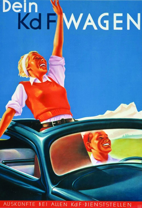 Early advertisements depicted the “Strength through Joy Car” as an ideal companion to glamorous Aryan couples enjoying their leisure time. Bundesarchiv Plak 003-018-028, Atelier Brach