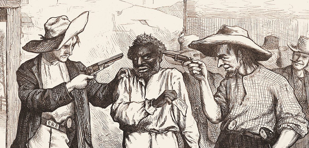 An 1876 political cartoon. The text reads, "Of course he wants to vote the Democratic ticket!; Democratic 'Reformer': You're as free as the air, ain't you? Say you are, or I'll blow your black head off!"