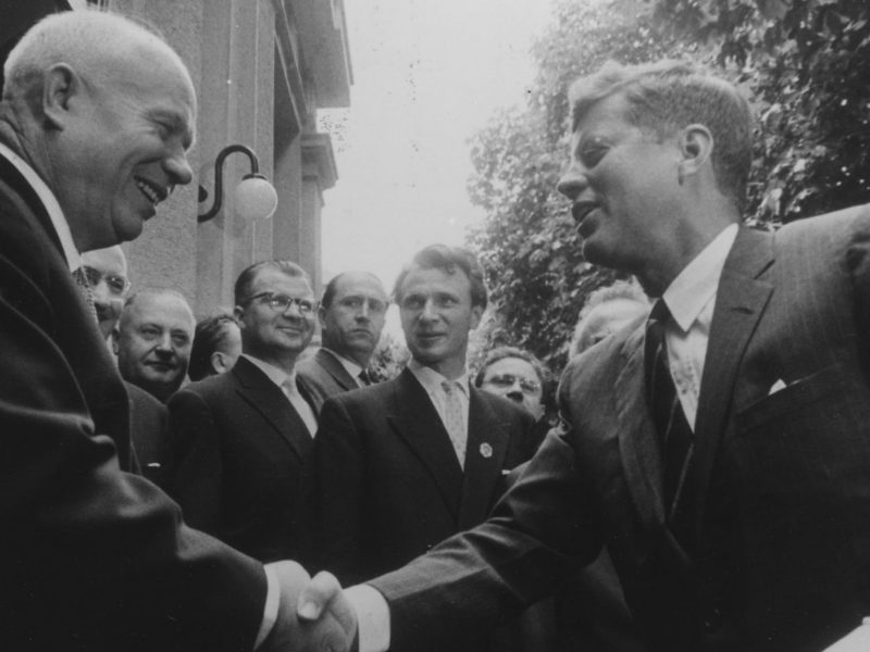 Kruschev and Kennedy shaking Hands Vienna 1961