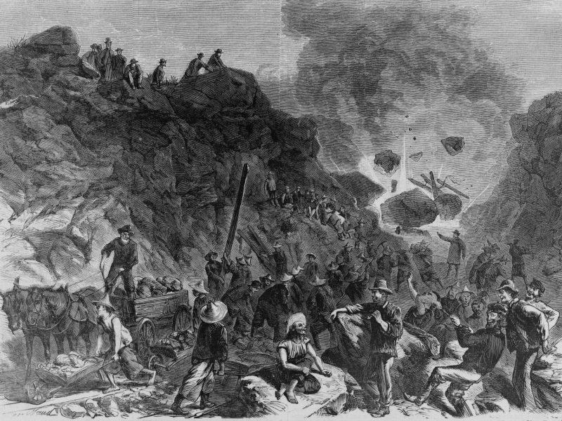 Irish and Chinese Railroad Workers Meet, 1869 Engraving