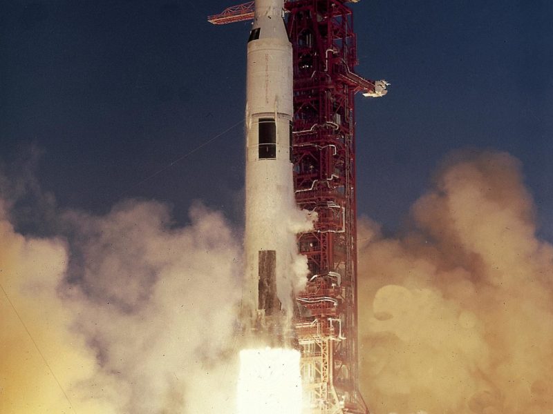 A Saturn V rocket carrying the Apollo 8 crew blasts off from Kennedy Space Center in Florida on Dec. 21, 1968. It was the first crewed mission to the moon.