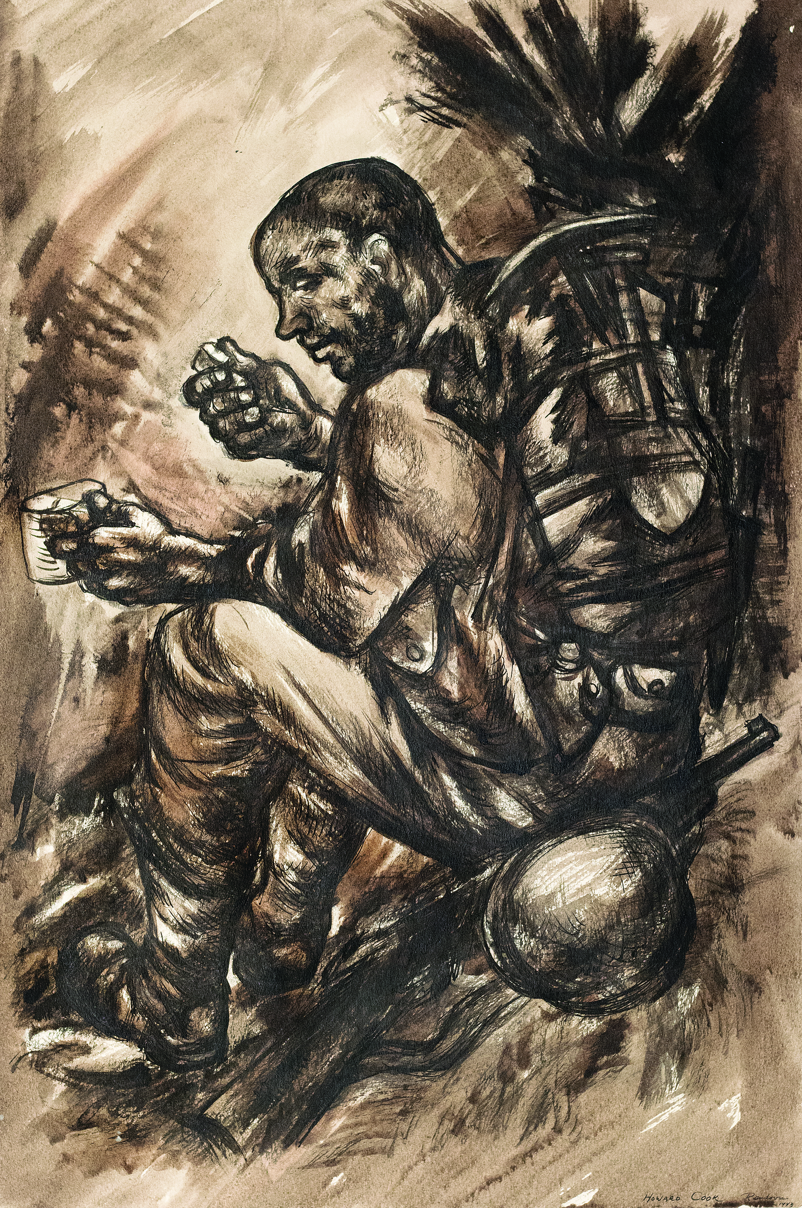 Cook and his fellow artists ate standard military grub; dinner sometimes included treats like fresh fruit, vegetables, and ice cream. In Jungle Rations, Cook drew a soldier settled down for a quick meal.