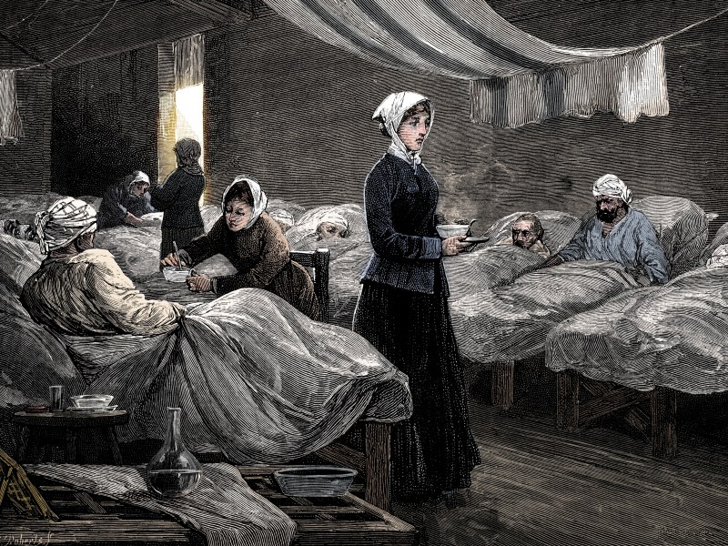 Engraving of Florence Nightingale in the barrack hospital at Scutari, c1880.