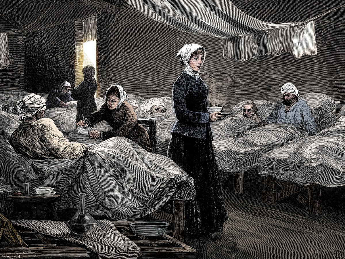 Engraving of Florence Nightingale in the barrack hospital at Scutari, c1880.
