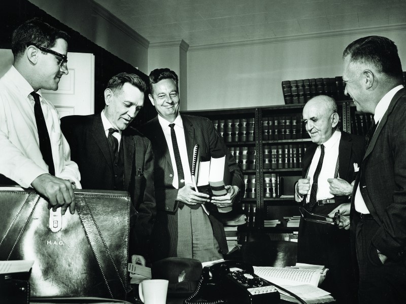 Attorneys for the plaintiffs in the landmark U.S. Supreme Court case Baker v. Carr (from left) Hobart Atkins, Harris Gilbert, Z.T. Osborn Jr., Warren Chandler, and C.R. McClain in May 1962. The case, brought by Millington, Tenn., Mayor Charles W. Baker and other organizations against Tennessee Secretary of State Joe C. Carr, had profound implications for state legislature apportionment.