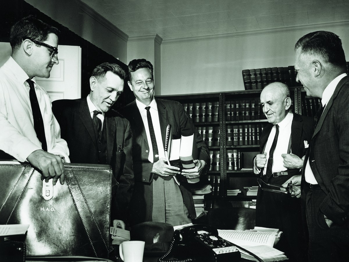 Attorneys for the plaintiffs in the landmark U.S. Supreme Court case Baker v. Carr (from left) Hobart Atkins, Harris Gilbert, Z.T. Osborn Jr., Warren Chandler, and C.R. McClain in May 1962. The case, brought by Millington, Tenn., Mayor Charles W. Baker and other organizations against Tennessee Secretary of State Joe C. Carr, had profound implications for state legislature apportionment.