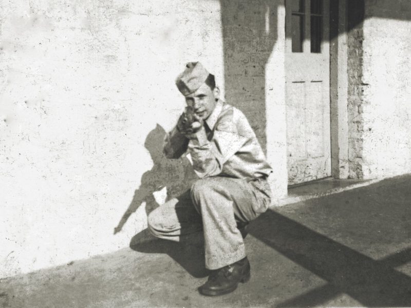 At age 17 in 1944, Brooks was a cadet at Virginia Military Institute (above). By February 1945, he was posing for a photo with two Brooklyn buddies (below) before boarding a troopship bound for Europe.