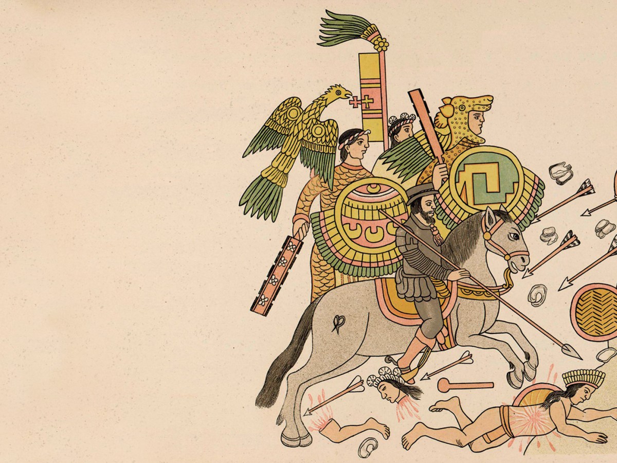 Based on a 1585 drawing by Diego Muñoz Camargo, this 1892 image depicts Hernán Cortés and his Tlaxcalan allies engaging Aztec warriors