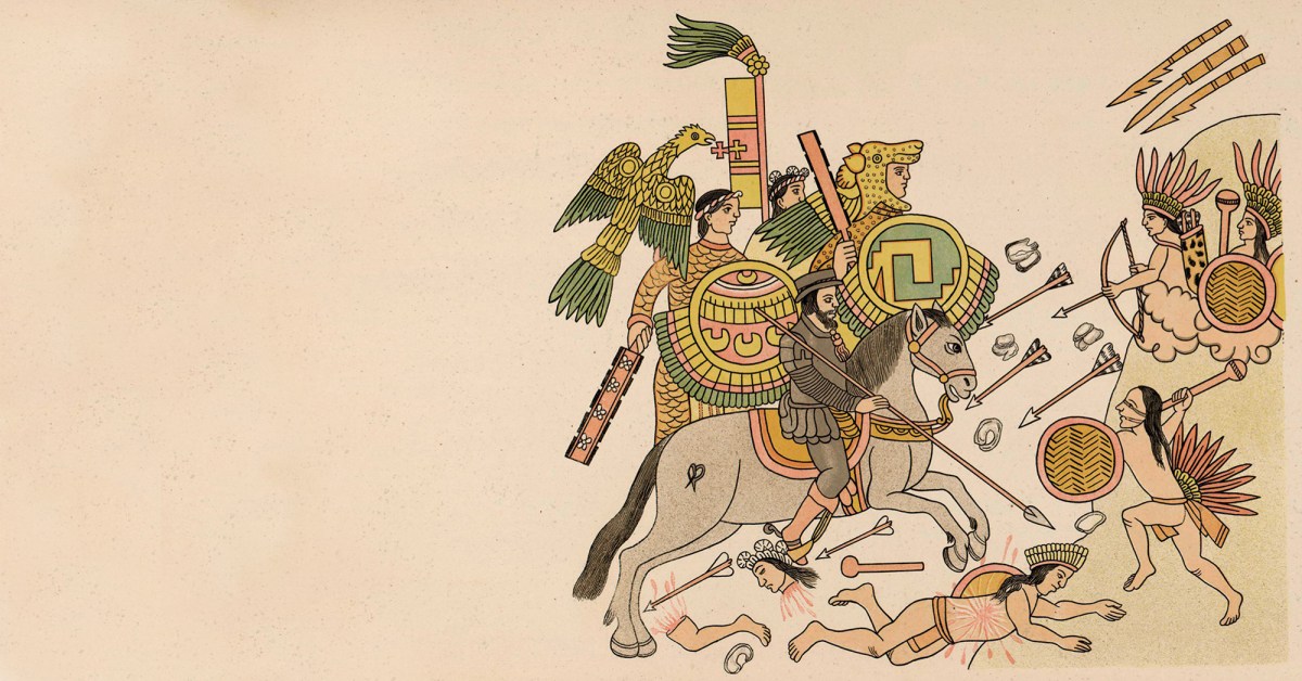 Based on a 1585 drawing by Diego Muñoz Camargo, this 1892 image depicts Hernán Cortés and his Tlaxcalan allies engaging Aztec warriors