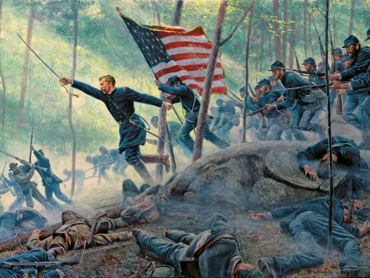 Joshua Chamberlain leads a bayonet charge at Little Round Top