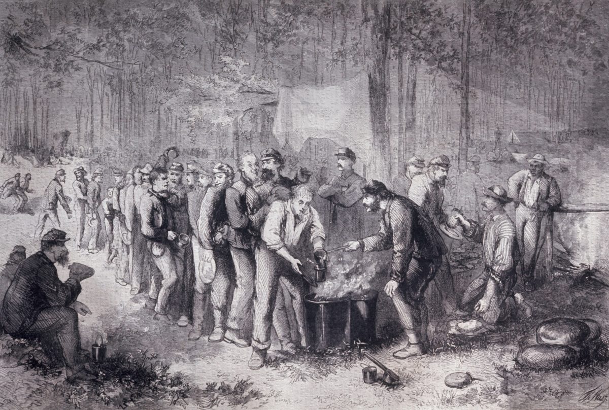 Soldiers being served vegetable soup