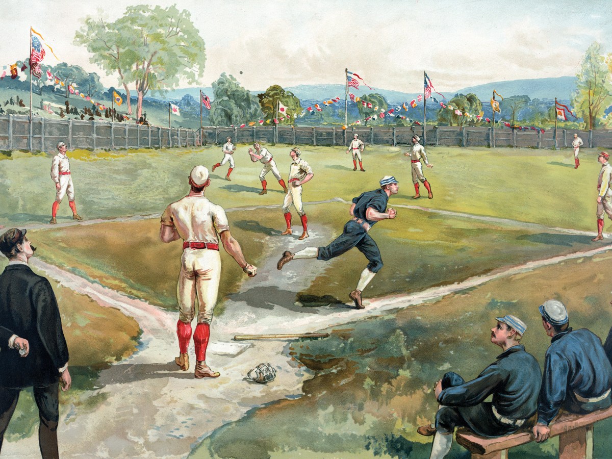 Vintage print of a runner rounding the bases in an early New York baseball game (hand-colored lithograph), 1891. Published in New York by Louis Prang & Company.