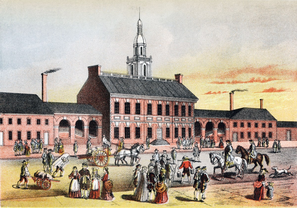 Independence Hall in Philadelphia while the Continental Congress met to write the Declaration of Independence 1776. Color lithograph