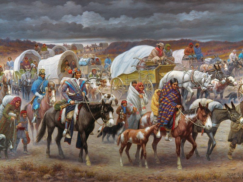 The removal of the Cherokee Native Americans to the West in 1838. Oil on canvas, 1942, by Robert Lindneux.
