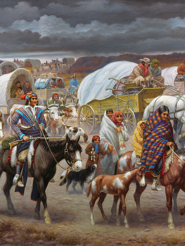 The removal of the Cherokee Native Americans to the West in 1838. Oil on canvas, 1942, by Robert Lindneux.