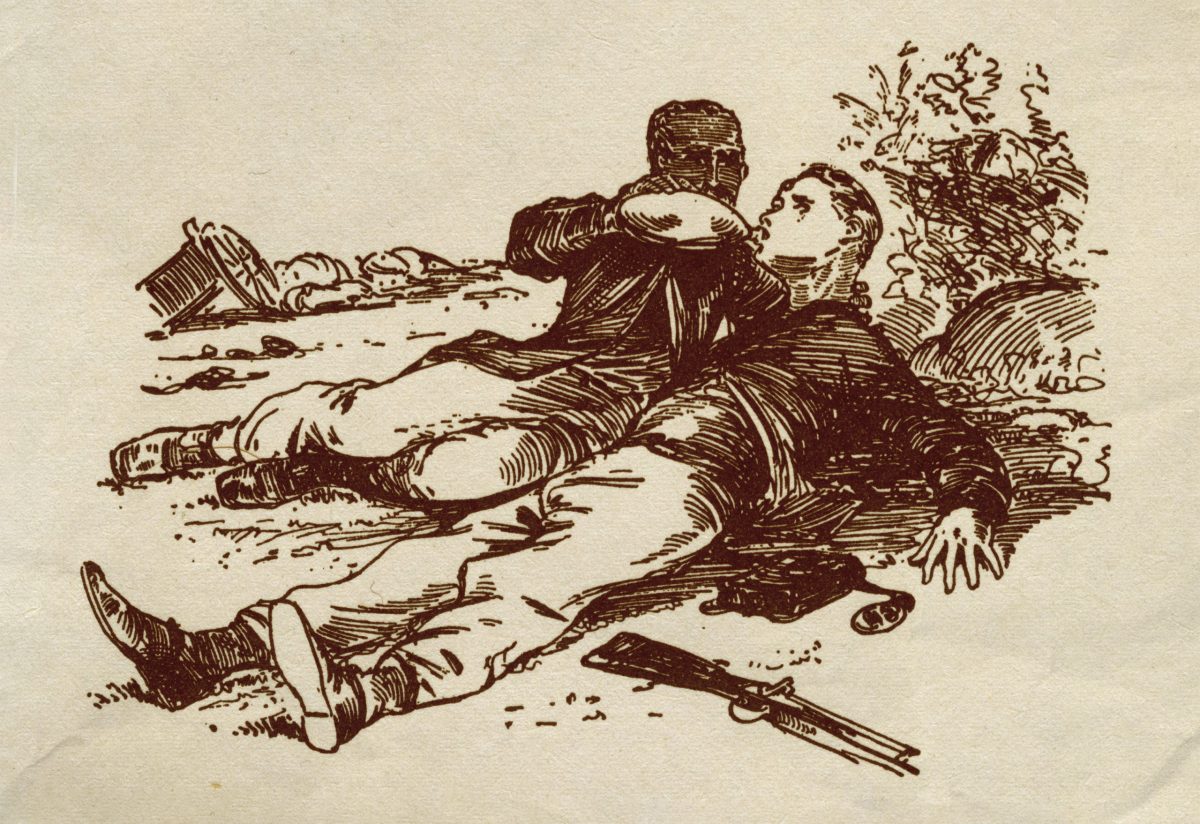 A soldier gives his comrade water from a canteen