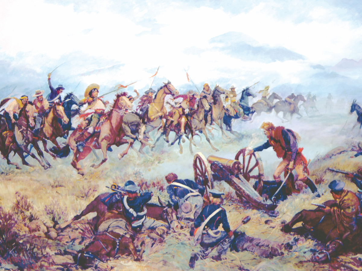Lance-bearing Californios charge in Charles Waterhouse’s fanciful oil The Battle of San Pasqual, which does accurately depict how ragged American lines had become late in the battle.