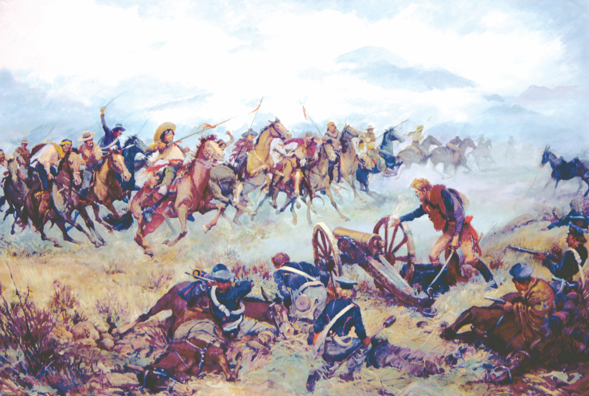 Lance-bearing Californios charge in Charles Waterhouse’s fanciful oil The Battle of San Pasqual, which does accurately depict how ragged American lines had become late in the battle.