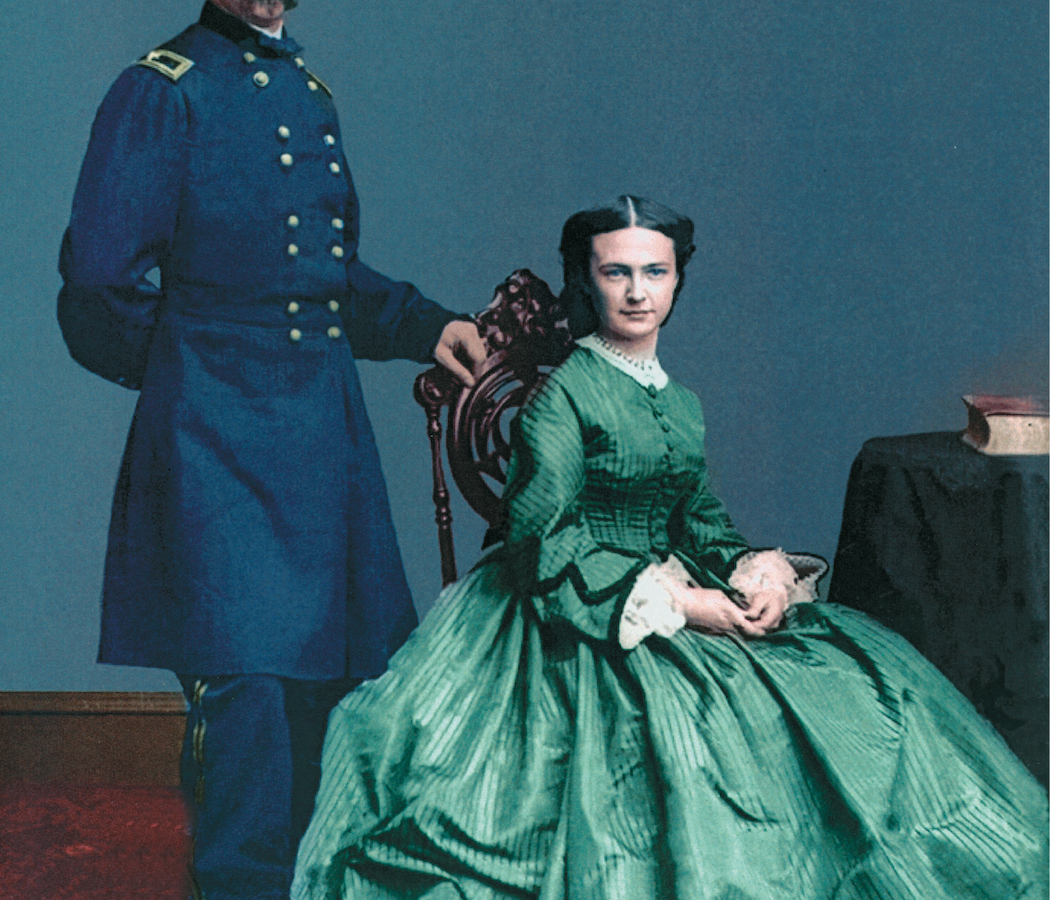 A colorized portrait of George and Libbie Custer.