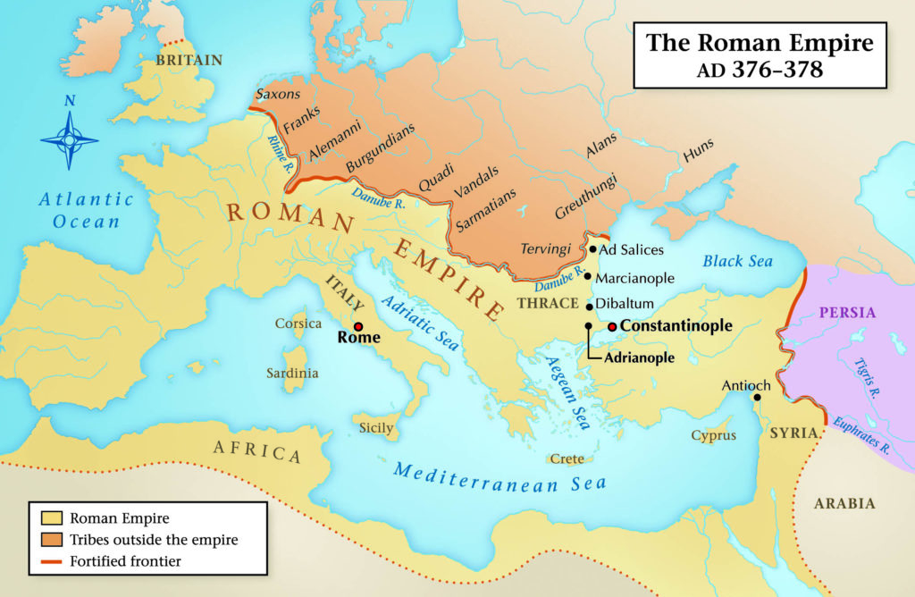 In the 4tg century, various tribes were poised to cross the Roman Empire's northern border, either by invitation of force. The arrival of the Gothic Tervingi and Greuthungi in 376 A.D. sparked a 6-year war.