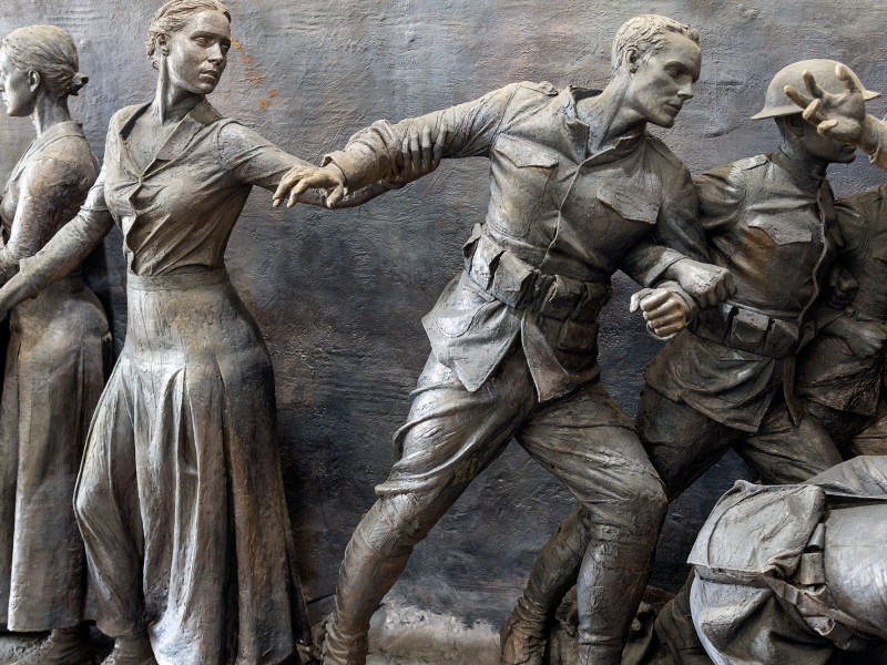 WWI Memorial cast bronzes: soldier leaving home