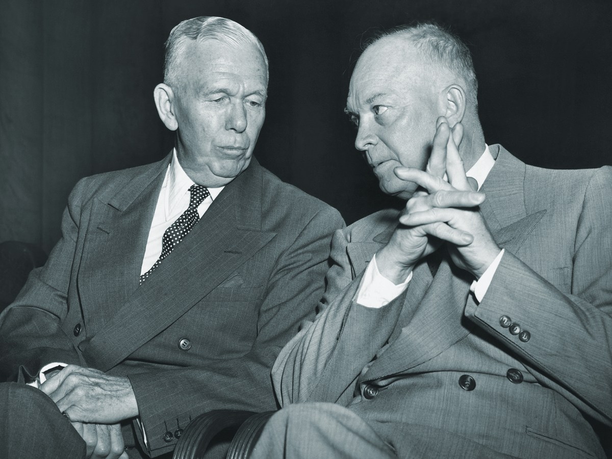 Photo of Former Secretary of State George Marshall, left, with Columbia University president Dwight Eisenhower in the early 1950s