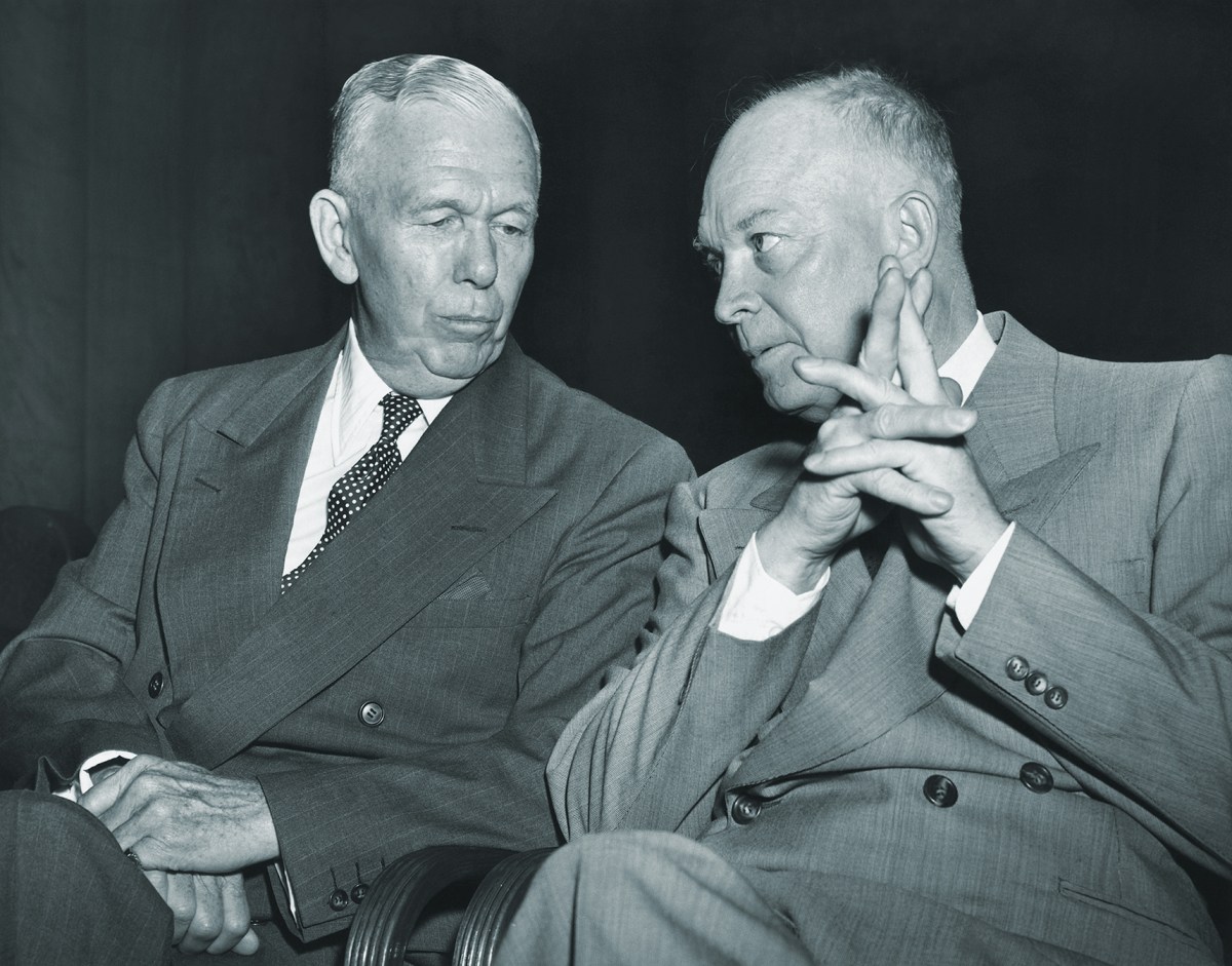 Photo of Former Secretary of State George Marshall, left, with Columbia University president Dwight Eisenhower in the early 1950s