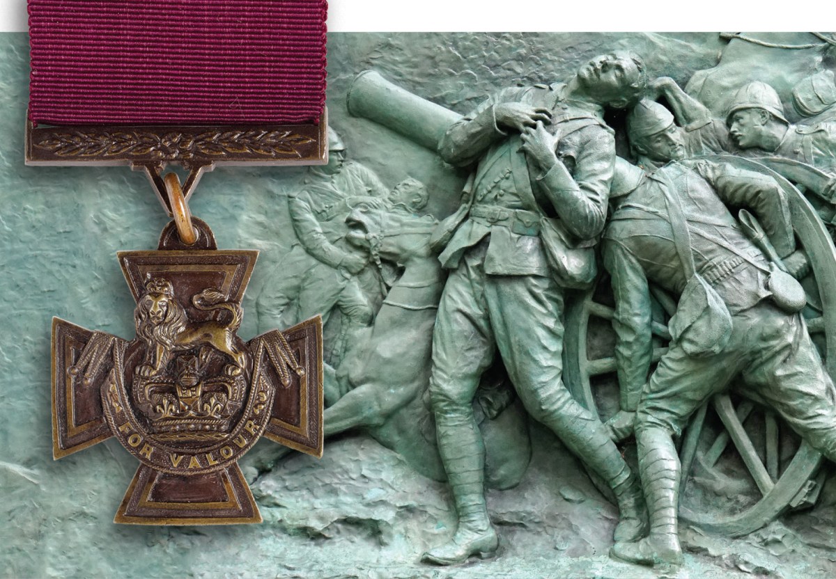 Victoria Cross with Canadian soldiers on monument