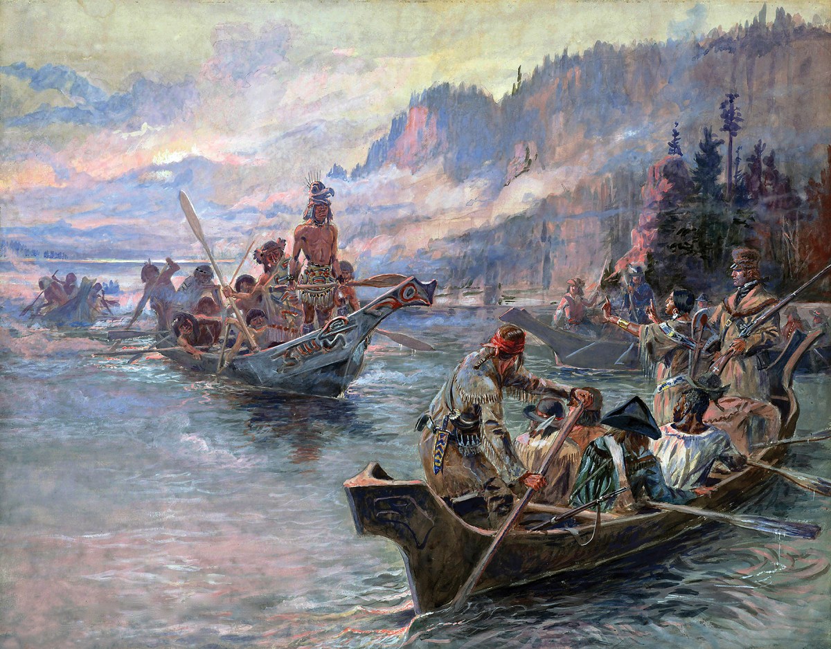 Lewis and Clark Expedition titled Lewis and Clark on the Lower Columbia by Charles Marion Russell depicting Sacagawea with arms outstretched