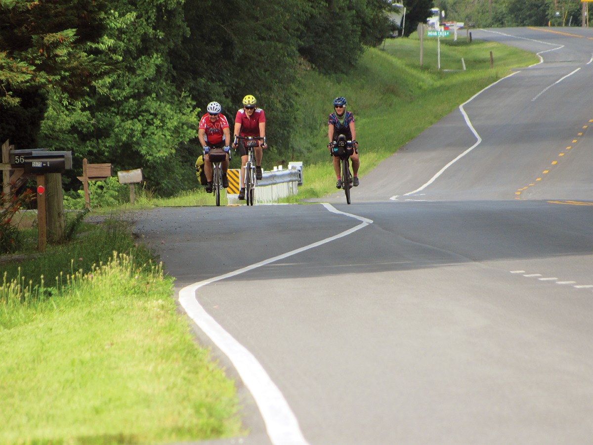 Photo of, from left: Author David Goodrich and friends Rick Sullivan and Lynn Salvo, heading north as they bike the Underground Railroad.