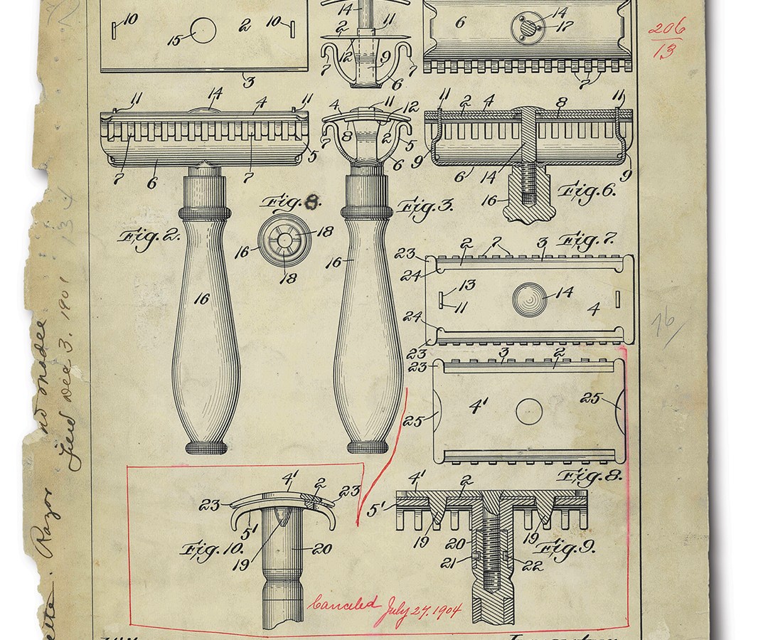 Photo of a patent drawing for a Gillette razor.