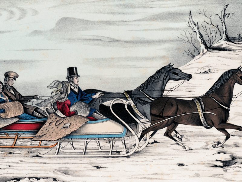 Horse-drawn sleighs race in snow