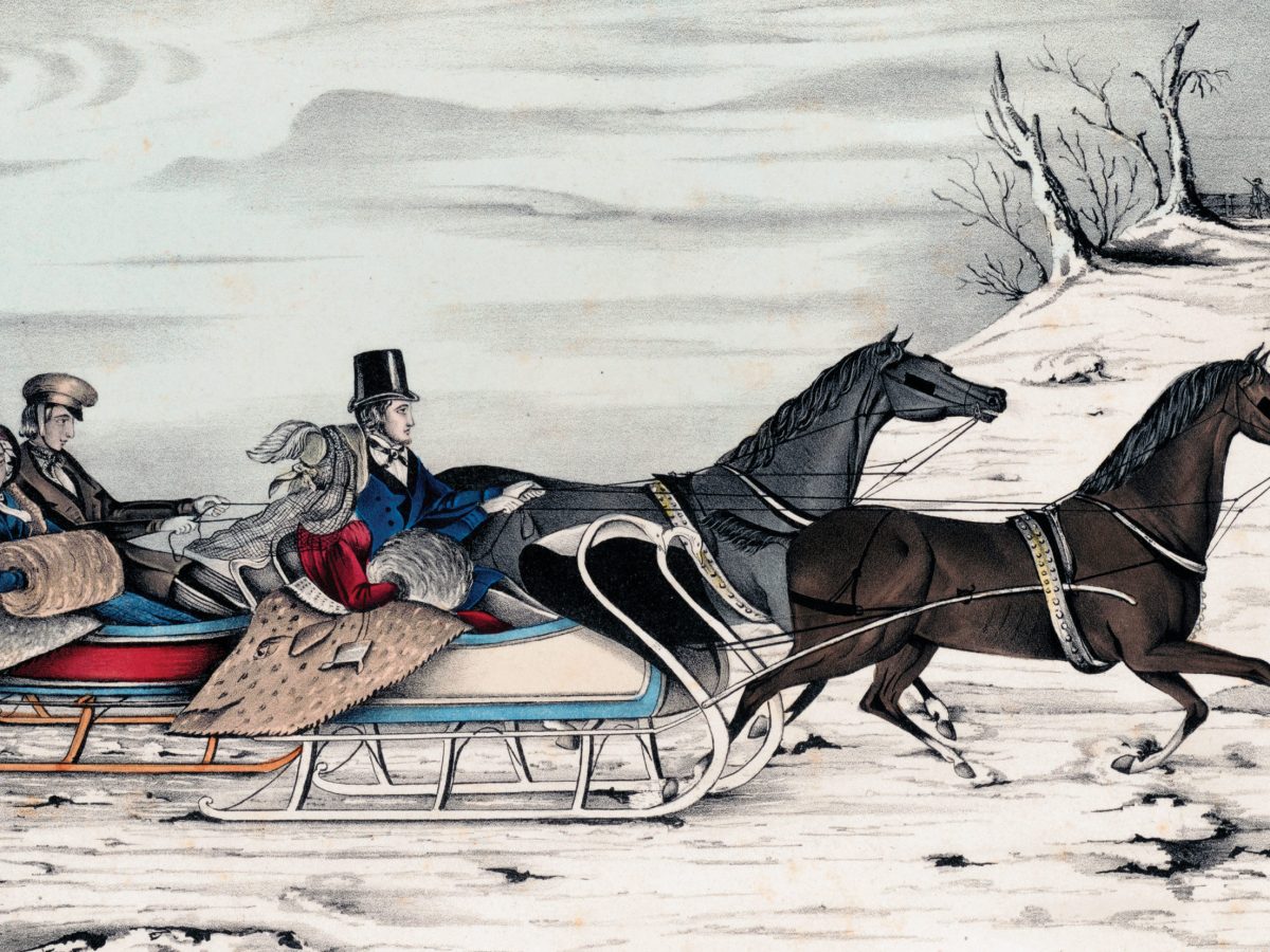 Horse-drawn sleighs race in snow