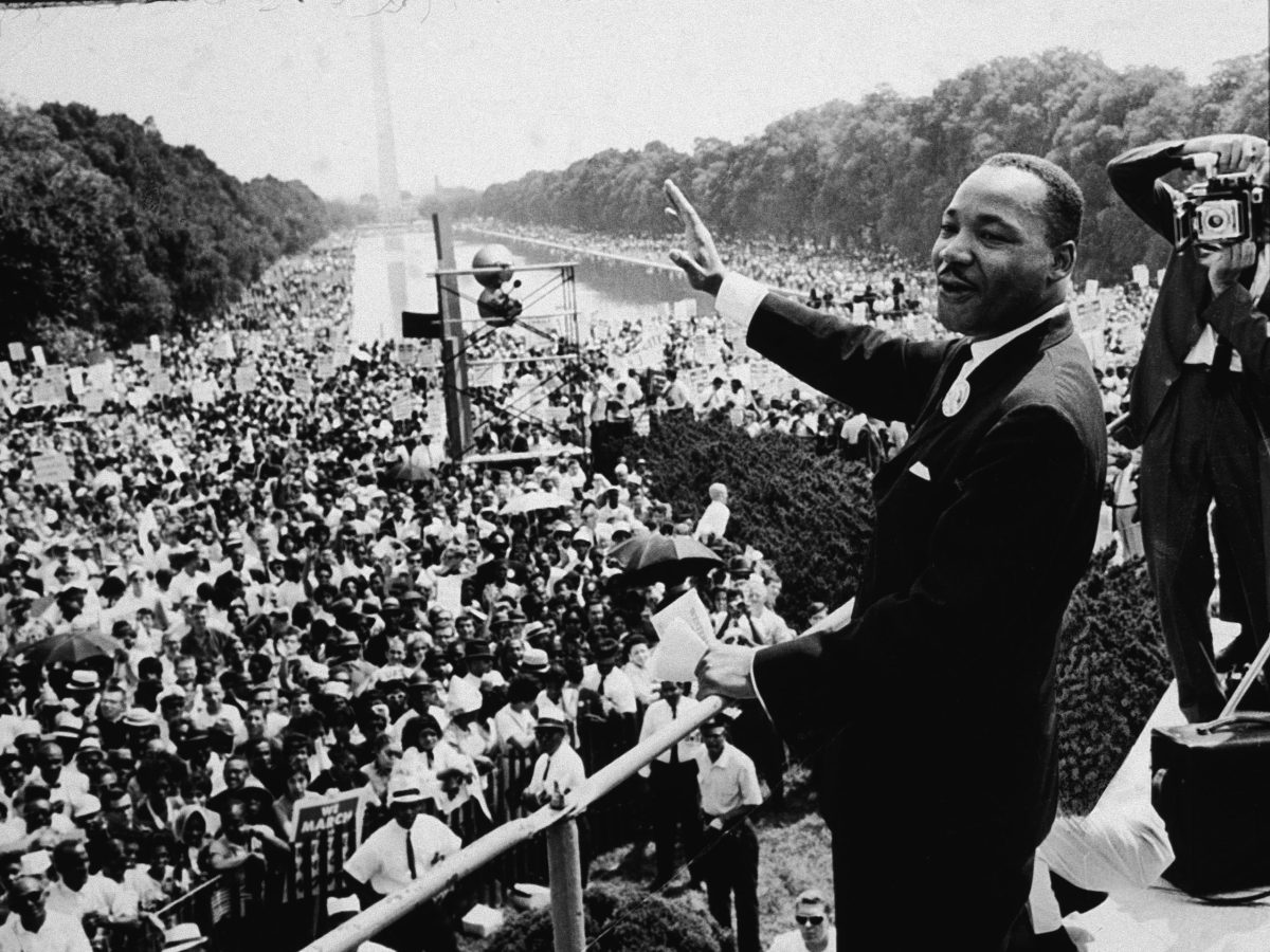 American Civil Rights leader Dr. Martin Luther King Jr. (1929-1968) addresses a crowd at the March On Washington D.C, 28th August 1963. (Photo by CNP/Getty Images)