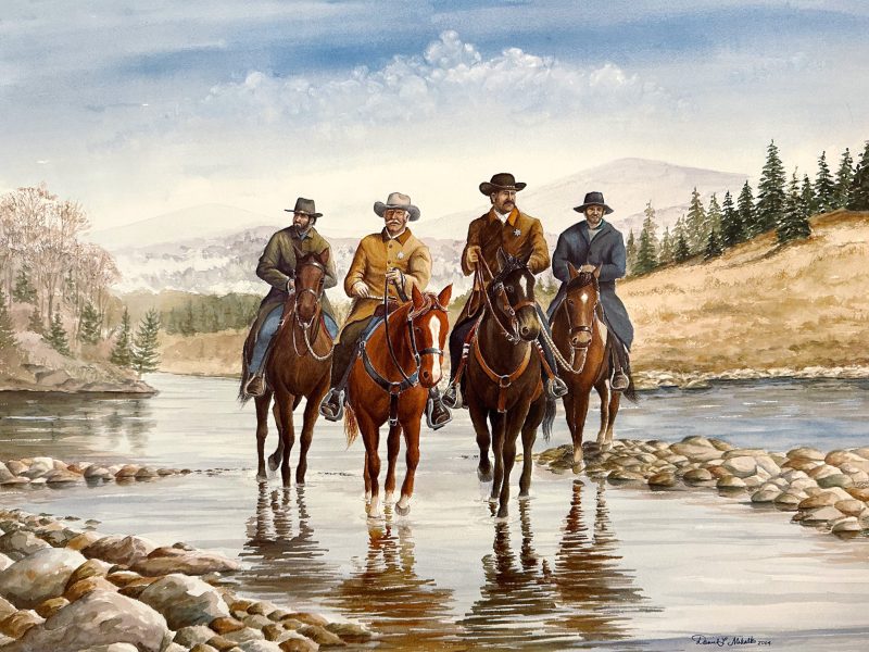 Painting of authorities on horseback transporting two suspects