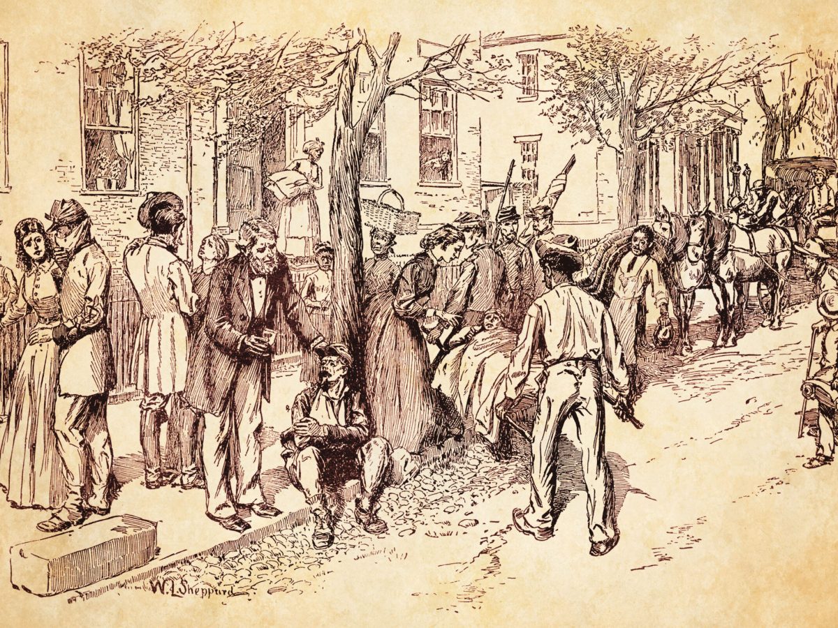 Citizens helping soldiers on street in Richmond, Va.