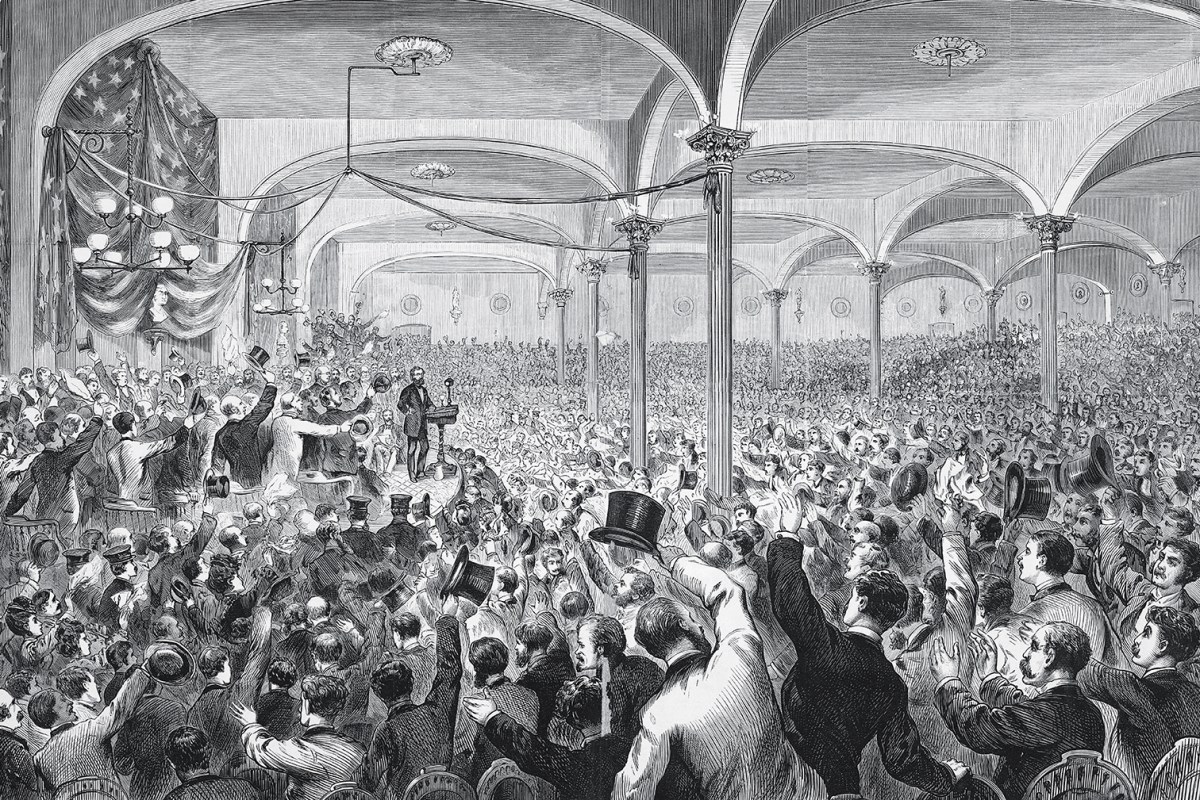 Drawing of a enthusiastic audience roaring its approval of a speech by Carl Schurz in New York City’s Cooper Union.