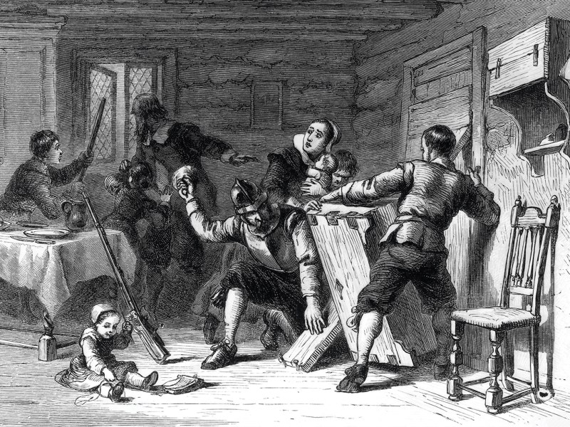 Alerted to the Feb. 29, 1704, raid by shots and war whoops, residents of Deerfield prepare to hold out against some 250 French and Indian warriors.