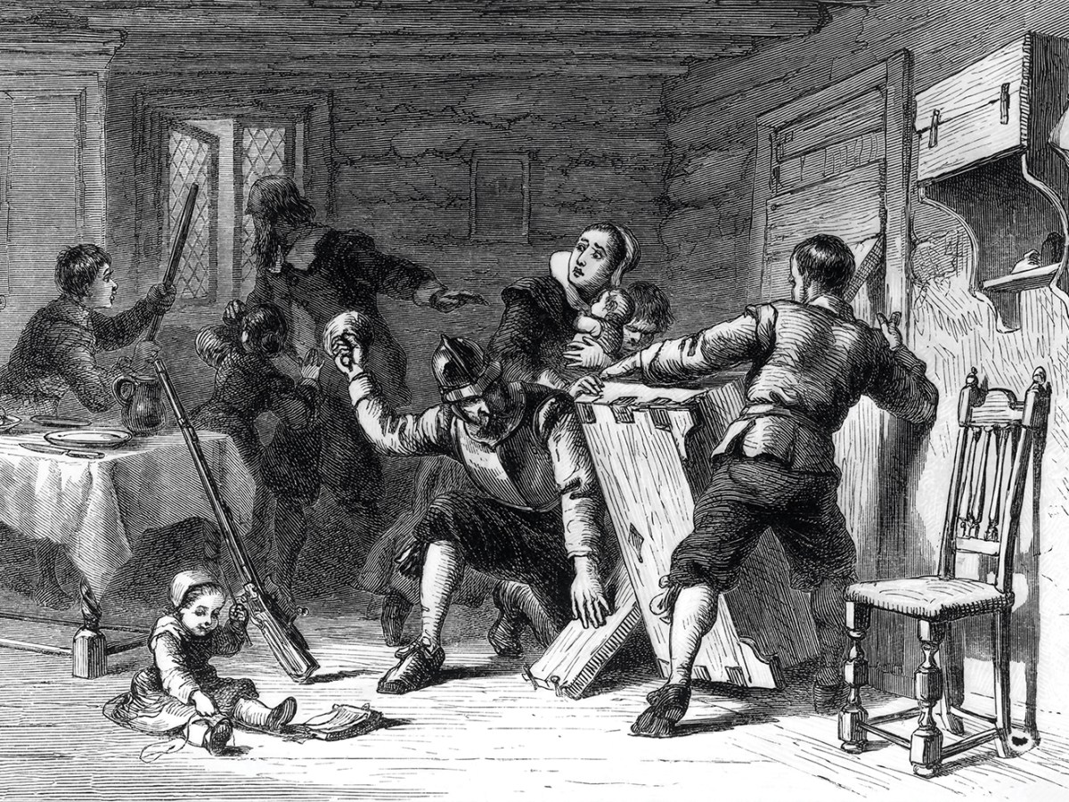 Alerted to the Feb. 29, 1704, raid by shots and war whoops, residents of Deerfield prepare to hold out against some 250 French and Indian warriors.