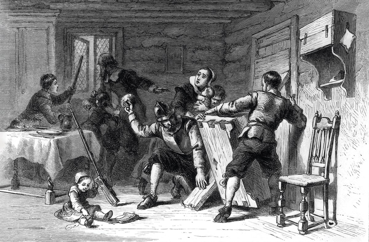 Alerted to the Feb. 29, 1704, raid by shots and war whoops, residents of Deerfield prepare to hold out against some 250 French and Indian warriors.