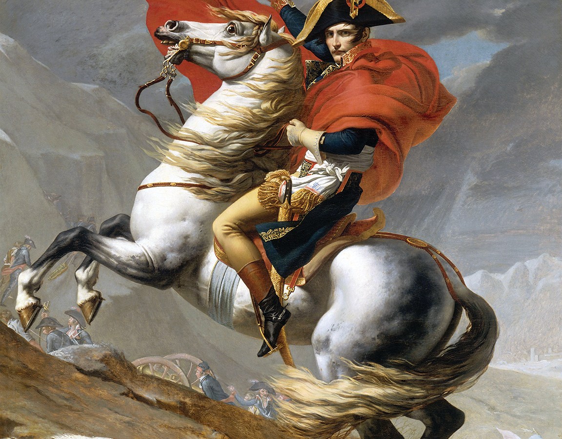 Painting of Napoléon crossing the Alps on horse back.