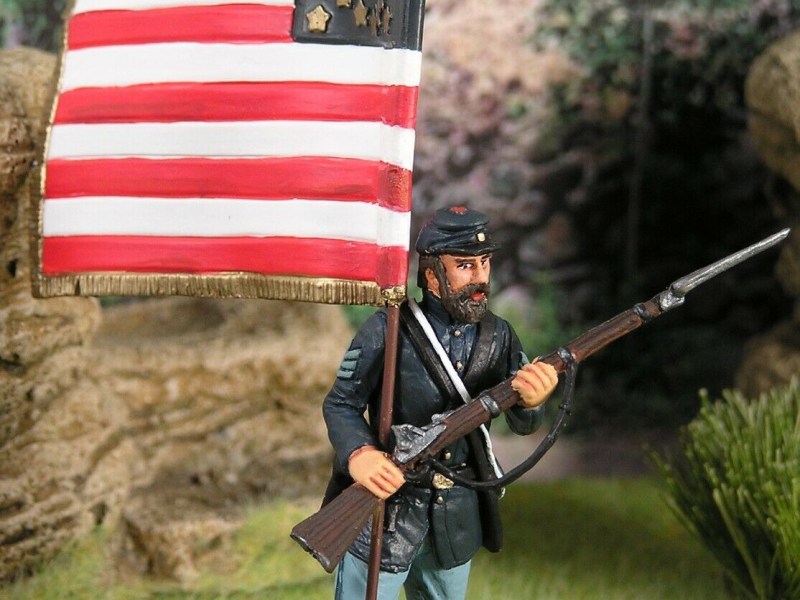 Andrew Tozier figurine holding flag and musket