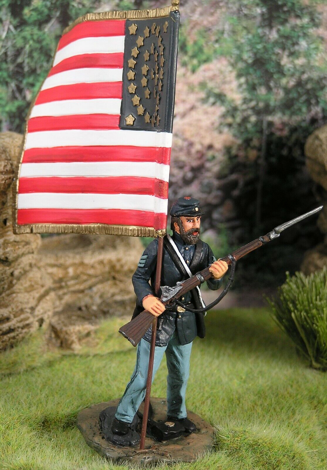 Andrew Tozier figurine holding flag and musket