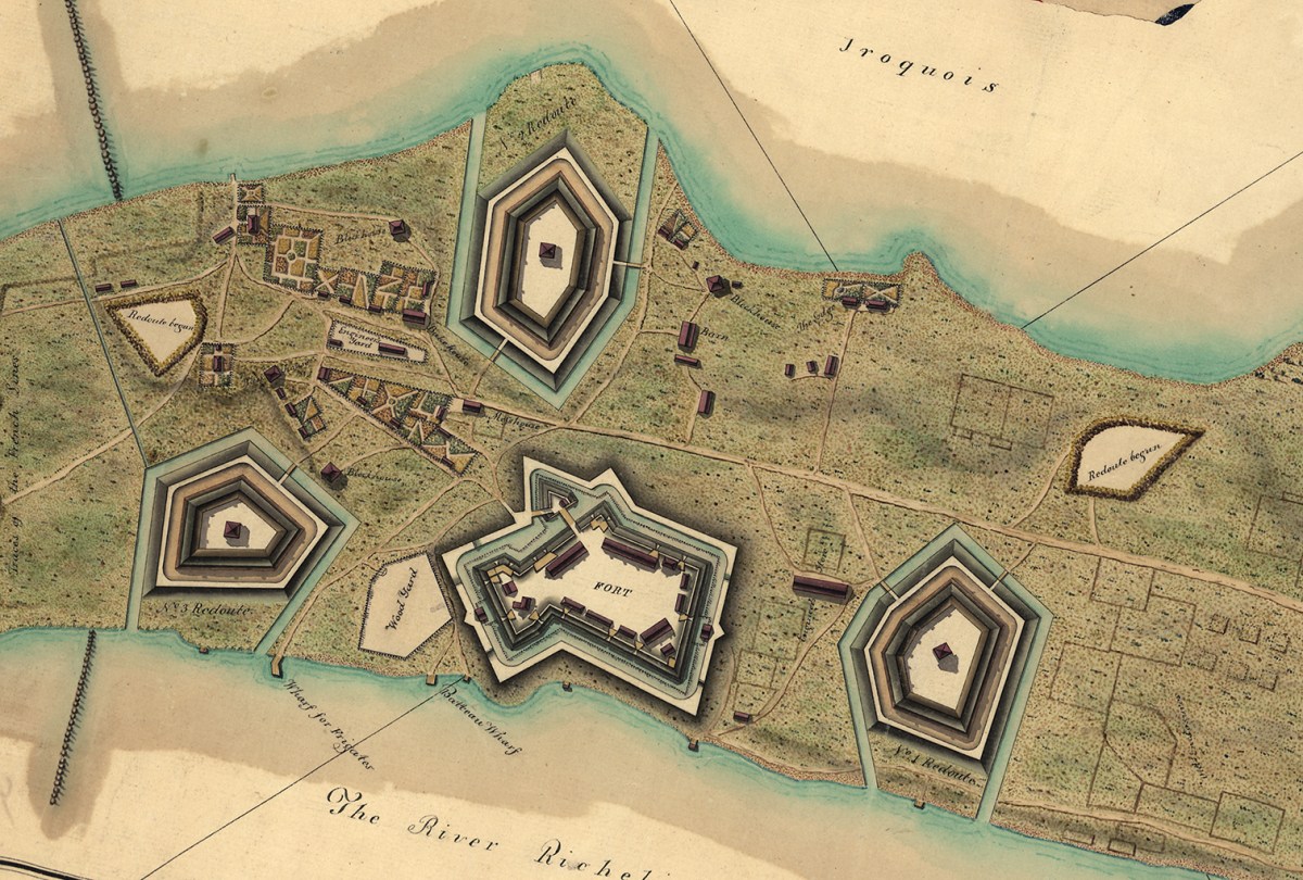 Map showing the French fortifications on Île aux Noix, which sits midchannel on the Richelieu River.
