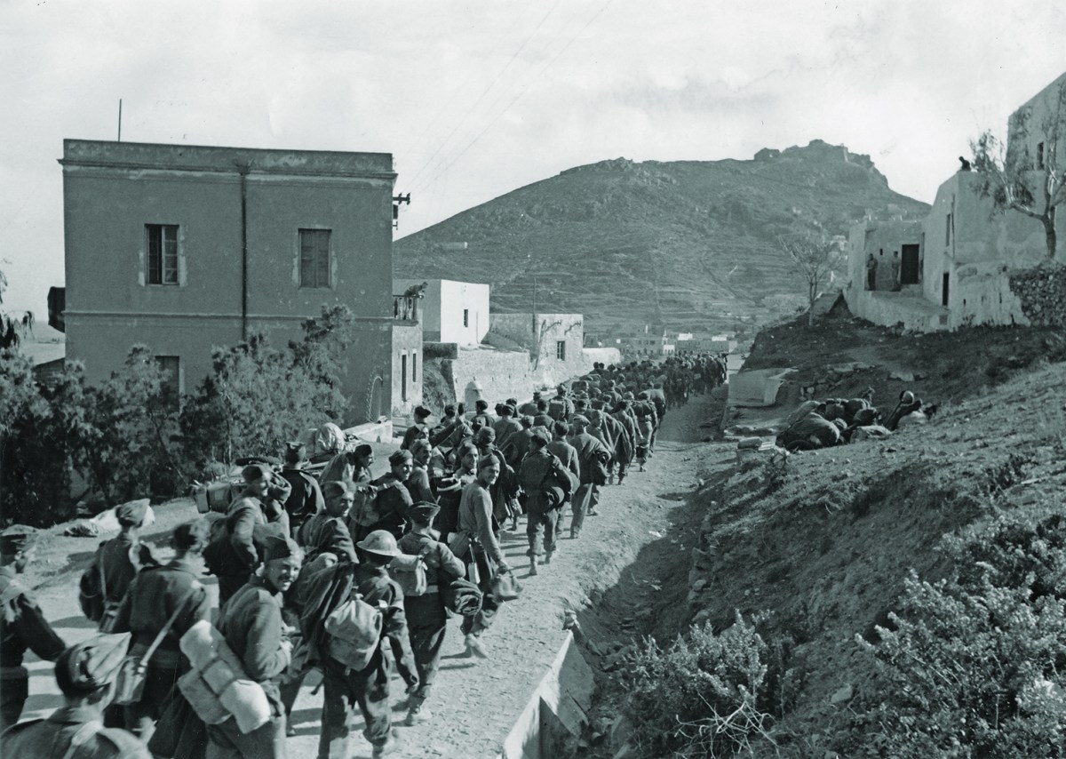 Photo of the 8,500-plus British and Italian soldiers captured after the Nov. 16, 1943, surrender of Leros, Greece, were these British troops marching to waiting POW ships for transport to mainland Europe.