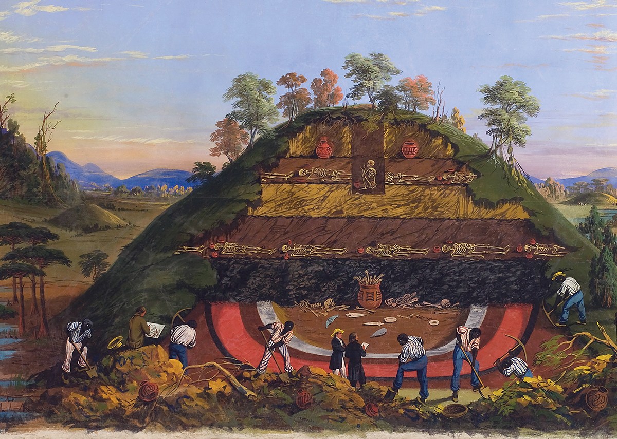 Painting of a Indian burial mound excavated in 1850 near the Mississippi River, varied in height and dimension. They were typically erected in layers over several hundred years.