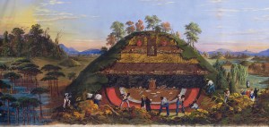 Painting of a Indian burial mound excavated in 1850 near the Mississippi River, varied in height and dimension. They were typically erected in layers over several hundred years.