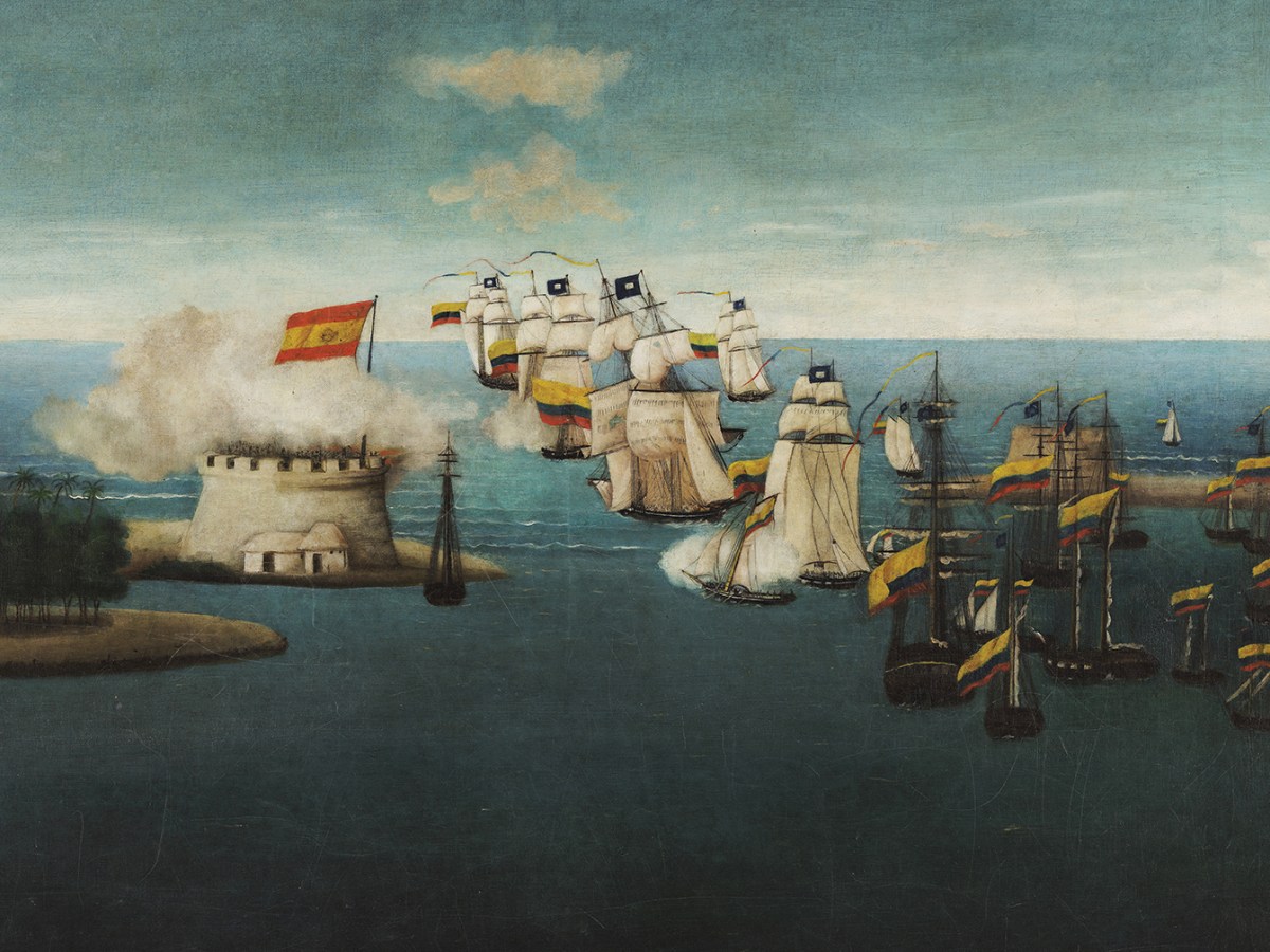 Painting of the Battle of Lake Maracaibo Colombian Navy Bombarding Castle, 1823.